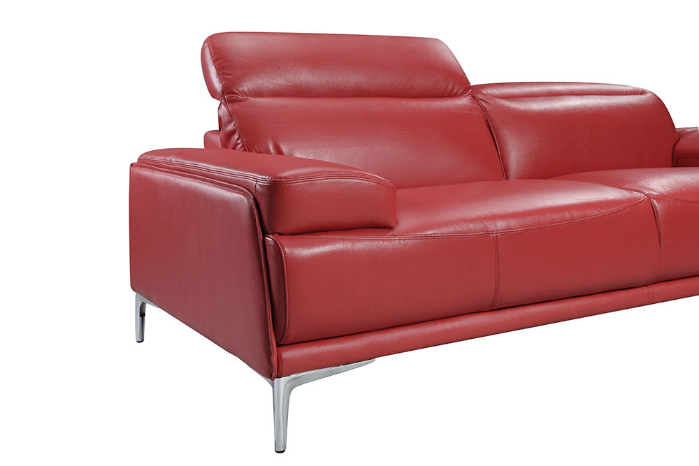 Red J & M Furniture Nicolo loveseat, a stationary two-seater sofa with plush upholstery and modern design.