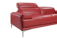 Red J & M Furniture Nicolo loveseat, a stationary two-seater sofa with plush upholstery and modern design.