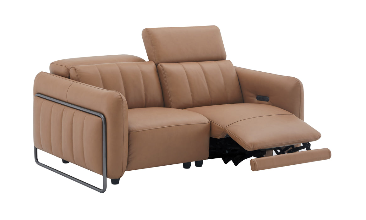 J & M Furniture President leather loveseat in cognac, stationary design with plush cushions and sleek armrests, perfect for living room seating.