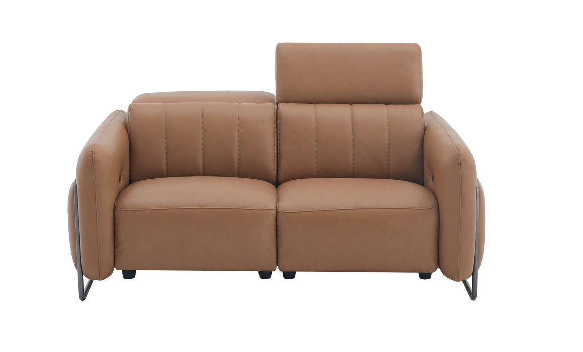 J & M Furniture President leather loveseat in cognac with plush cushions and wide armrests, perfect for living room seating.
