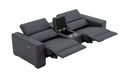 J & M Furniture Picasso love seat in blue grey with a built-in console, showcasing a modern stationary loveseat design.