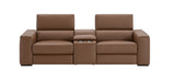 J & M Furniture Picasso Love Seat in caramel with built-in console, showcasing plush upholstery and modern design in a stationary loveseat.