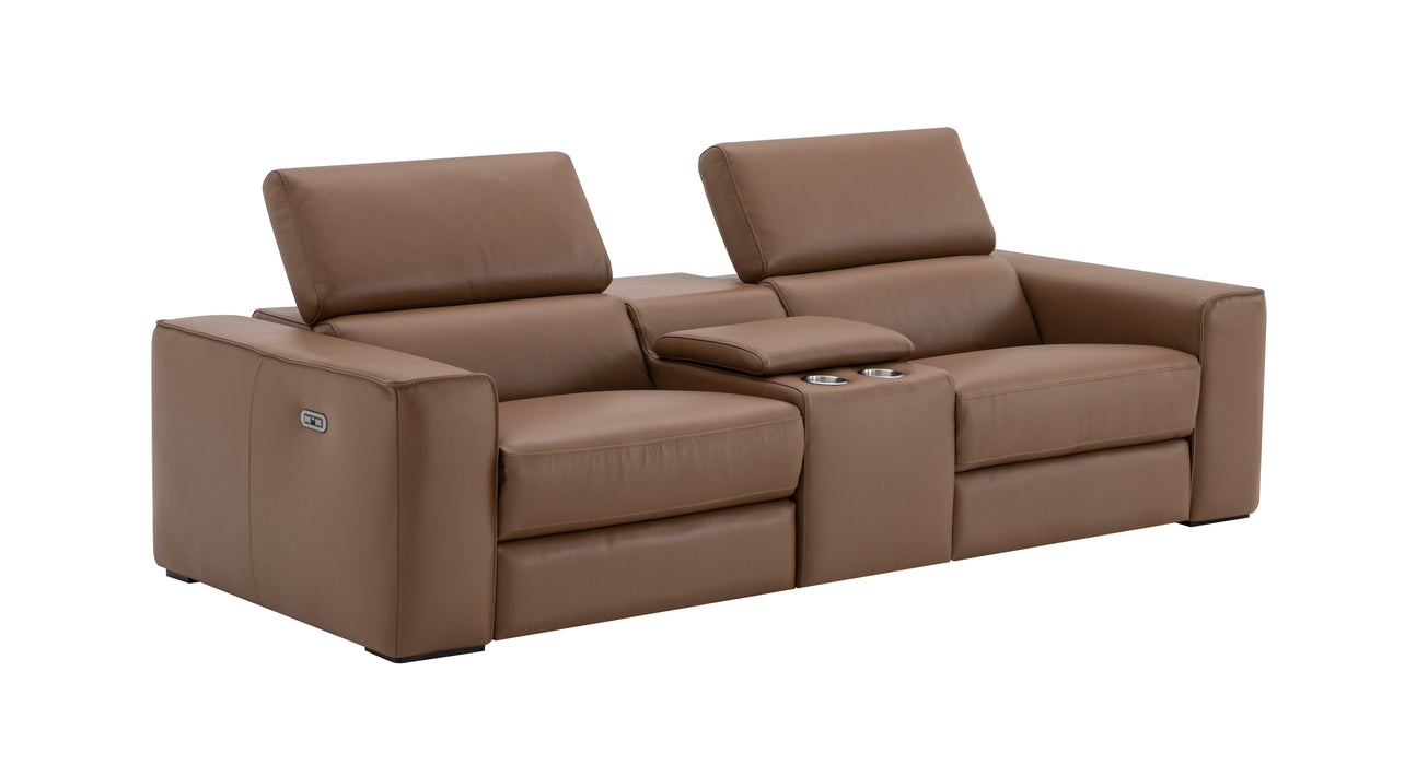 J & M Furniture Picasso caramel stationary loveseat with built-in console, featuring plush upholstery and modern design.