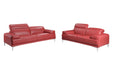 Red J & M Furniture Nicolo stationary sofa with plush cushions, modern design, and sleek fabric upholstery.