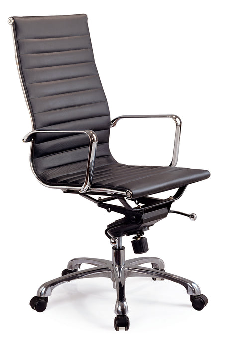 Black J & M Furniture high back swivel office chair with padded armrests and adjustable height, designed for comfort and support.