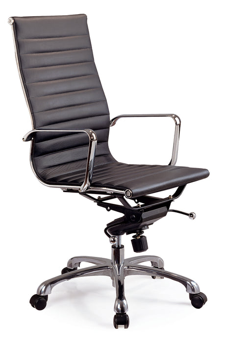 Black J & M Furniture high back swivel office chair with padded armrests and adjustable height, designed for comfort and support.