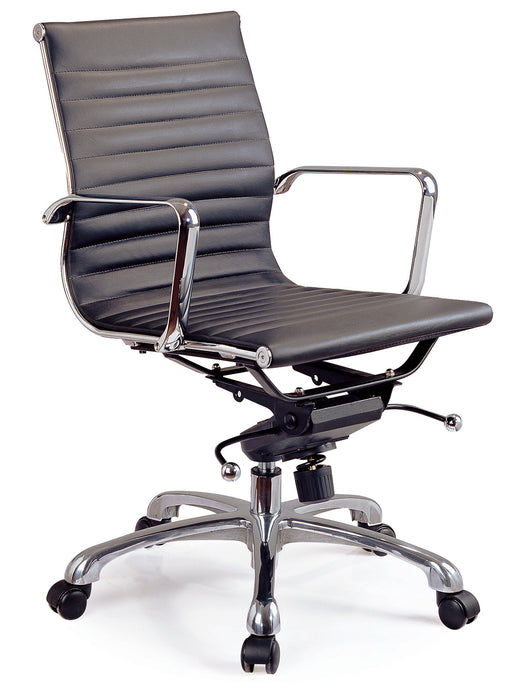 Black J & M Furniture office swivel chair with low back and cushioned seat, designed for comfortable workspace seating.