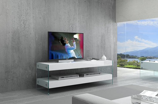 White high gloss J & M Furniture Cloud Mini TV stand with sleek modern design and open shelving for small televisions.