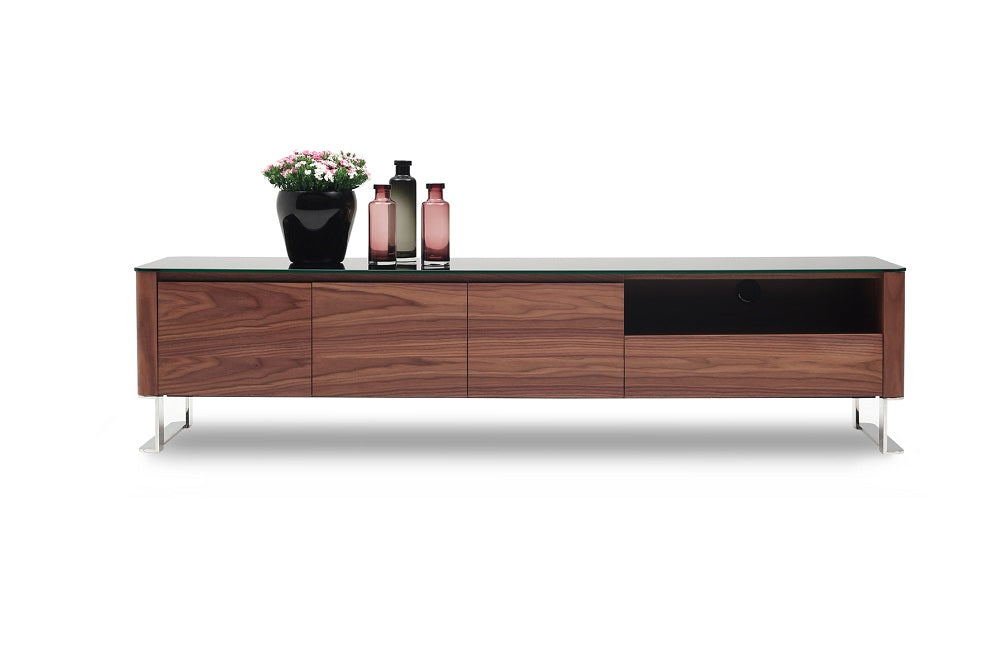 Modern J & M Furniture Julian TV stand with sleek design and open shelving for media devices and accessories.