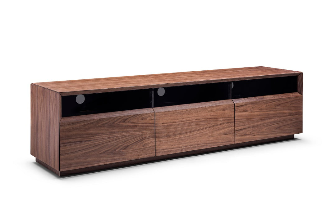 Walnut J & M Furniture Lisa TV stand with open shelves and storage compartments, designed for modern living rooms.