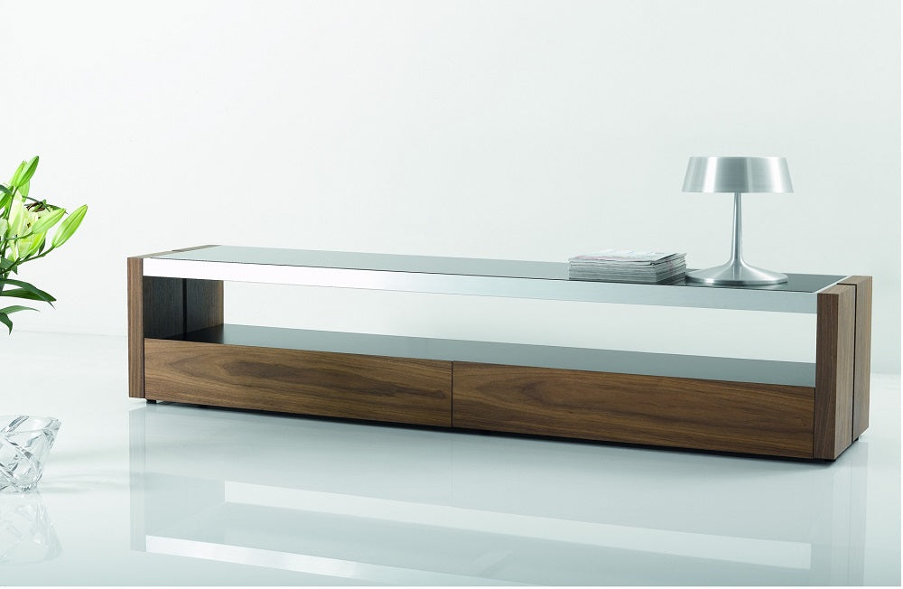 Modern J & M Furniture Trieste TV stand in walnut wood, featuring a sleek design and spacious storage for entertainment essentials.