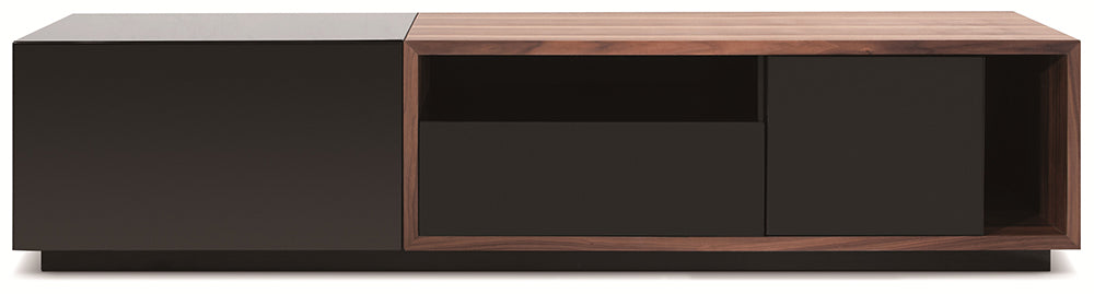 Black J & M Furniture TV stand 047 with open shelving and storage compartments, designed for modern living rooms.