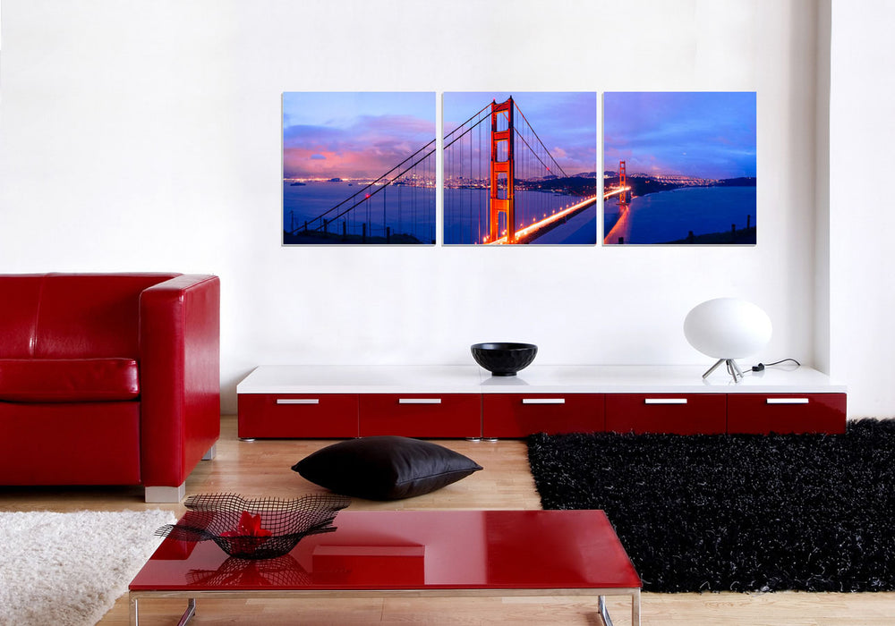 J & M Furniture wall decor featuring a Golden Gate Bridge artwork, showcasing a scenic cityscape in vibrant colors.