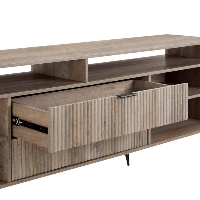 Manhattan Comfort Dumbo TV stand with open shelves and storage compartments, modern wooden design for living room entertainment.