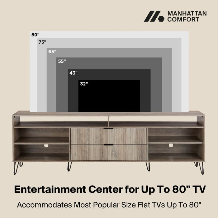 Manhattan Comfort Dumbo TV stand with open shelves and storage compartments in a modern design, perfect for living room organization.