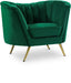 Modern Meridian Furniture Margo armchair with plush fabric upholstery and sleek design, ideal for living room or lounge seating.