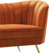 Modern Meridian Furniture Margo armchair with plush fabric upholstery and sleek wooden legs for stylish comfort.