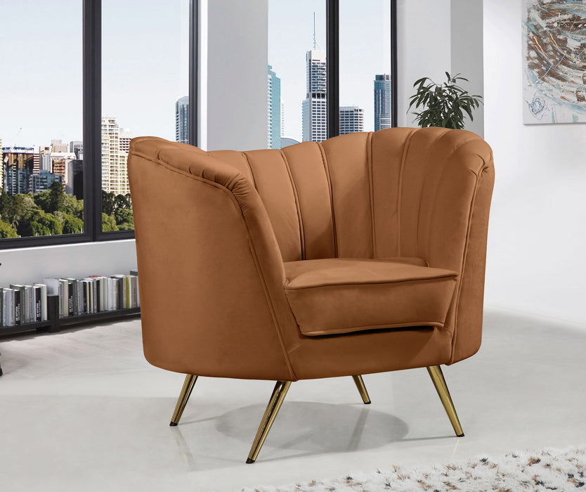 Modern Meridian Furniture Margo arm chair with plush fabric upholstery and sleek wooden legs, designed for stylish comfort.