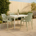 Set of two Meridian Furniture Mykonos outdoor dining chairs with woven seats and metal frames, suitable for patio or garden use.