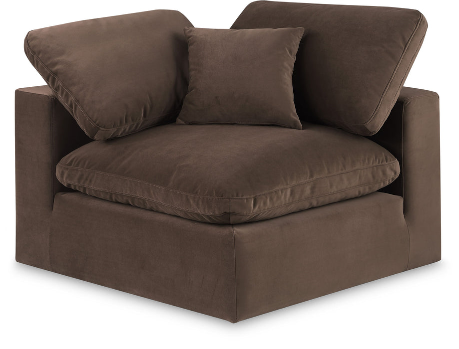 Velvet corner chair by Meridian Furniture, showcasing a plush, comfortable corner seating with soft fabric and modern design.