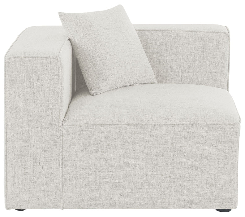 Linen corner chair by Meridian Furniture, Cube model, showing plush fabric upholstery and modern design for living room corner seating.