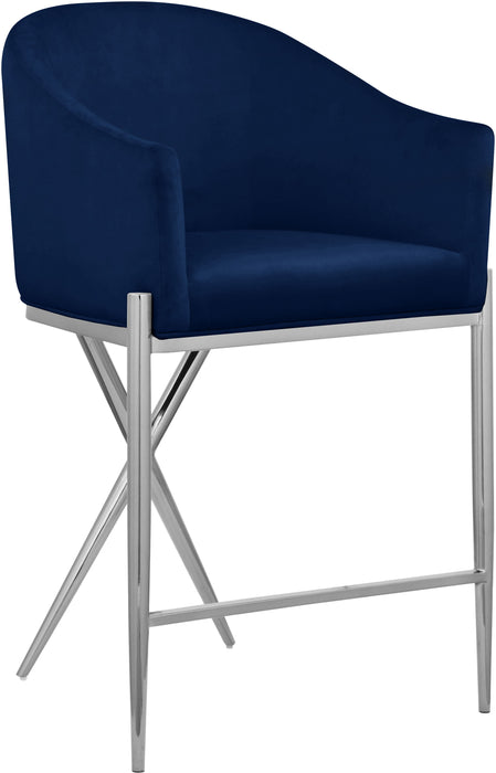 Meridian Furniture Xavier counter stool with wooden legs and upholstered seat, designed for 24-27 inch counter height.