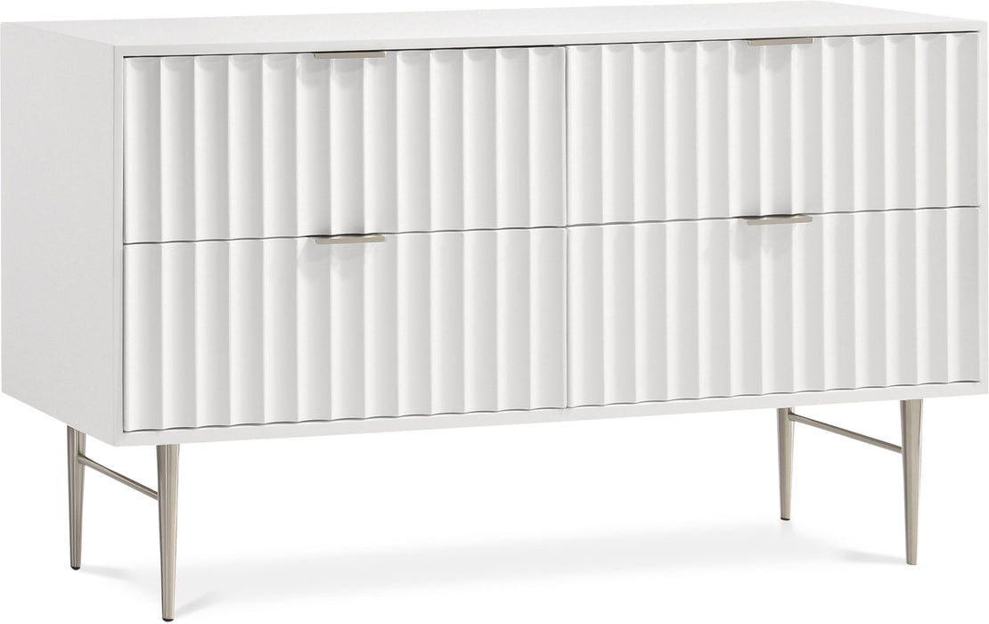 Modernist dresser by Meridian Furniture with sleek wood finish and minimalist design, featuring multiple drawers for storage.
