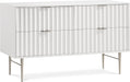 Modernist dresser by Meridian Furniture with sleek wood finish and minimalist design, featuring multiple drawers for storage.