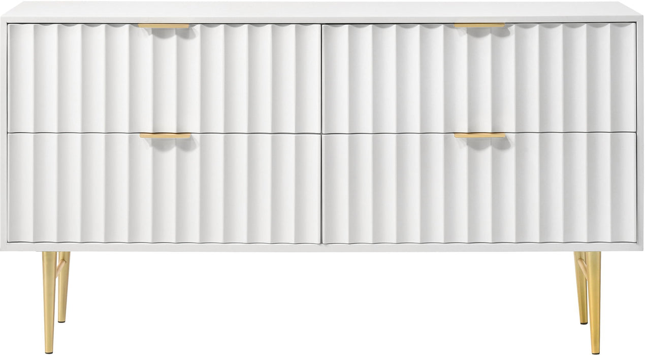 Modernist dresser by Meridian Furniture featuring sleek wood finish, multiple drawers, and contemporary design.