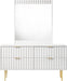 Modernist Meridian Furniture dresser with sleek wood finish, featuring multiple drawers and contemporary design for bedroom storage.