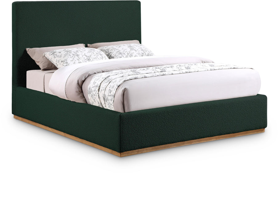 Upholstered Monaco bed by Meridian Furniture with a plush headboard and neutral fabric, shown in a modern bedroom setting.