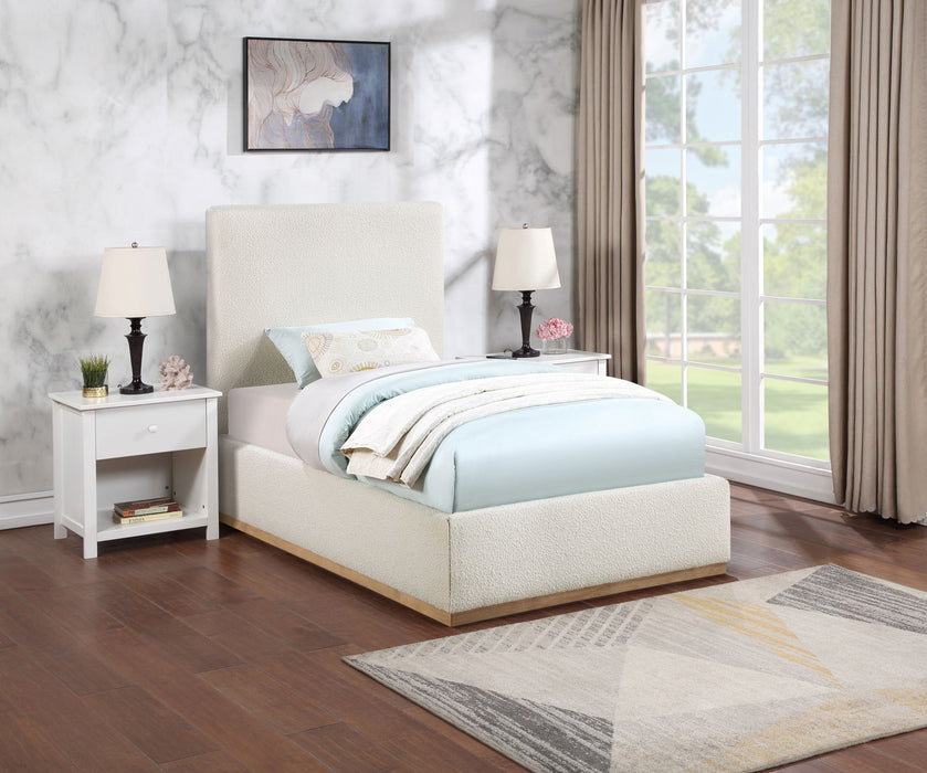 Upholstered Monaco bed by Meridian Furniture with a padded headboard and sleek design, shown in a modern bedroom setting.