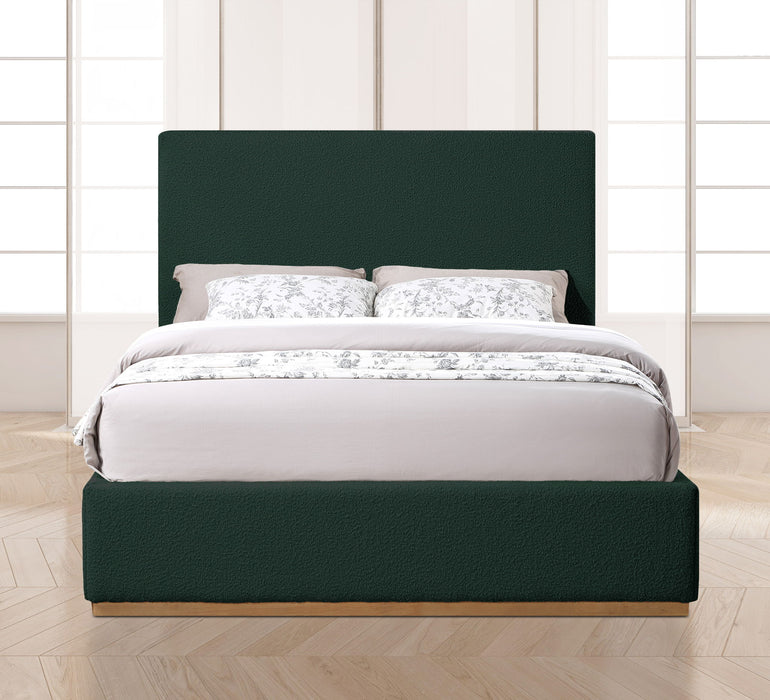 Upholstered Monaco bed by Meridian Furniture featuring a plush fabric headboard and sleek frame in a modern bedroom setting.
