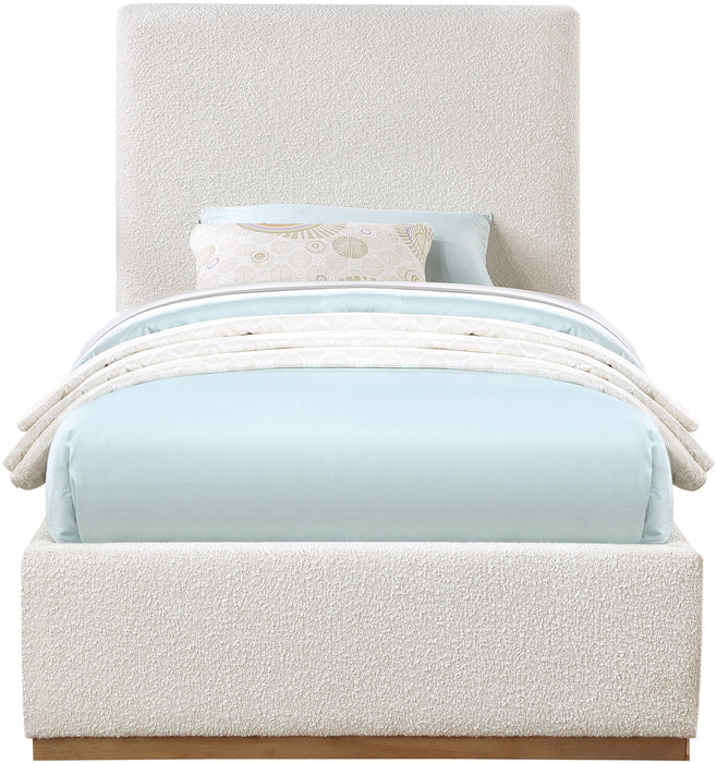 Upholstered Monaco bed by Meridian Furniture featuring a padded headboard and sleek design in a modern bedroom setting