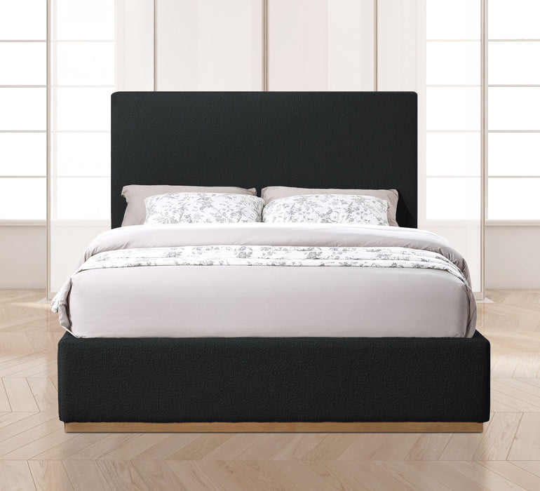 Upholstered Monaco bed by Meridian Furniture with a padded headboard and neutral fabric, showcasing a modern bedroom design.