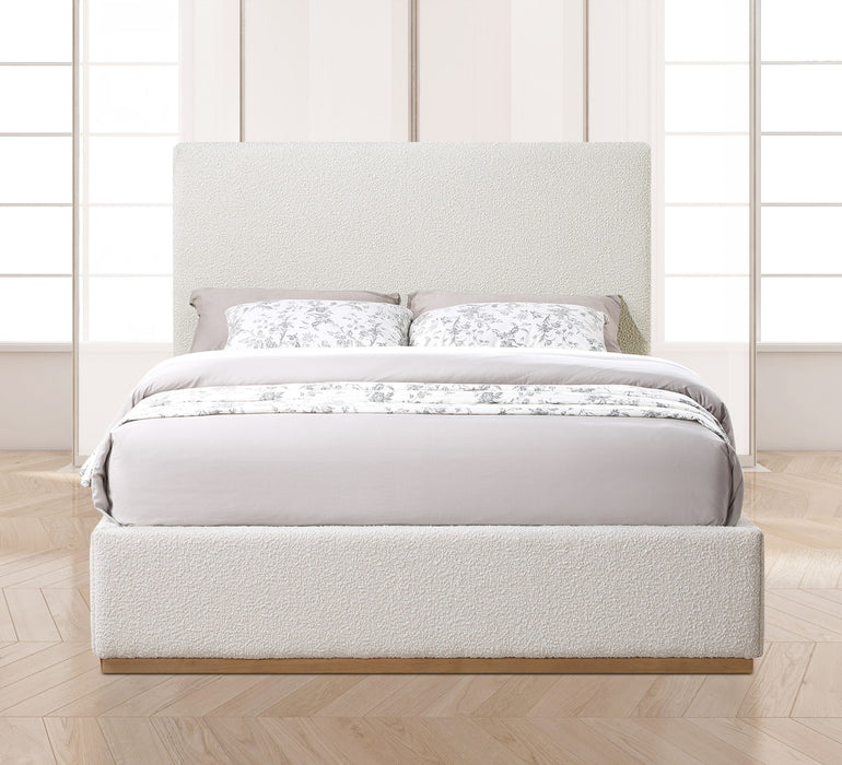 Upholstered Monaco bed by Meridian Furniture with a plush headboard and neutral fabric, modern design for a stylish bedroom.