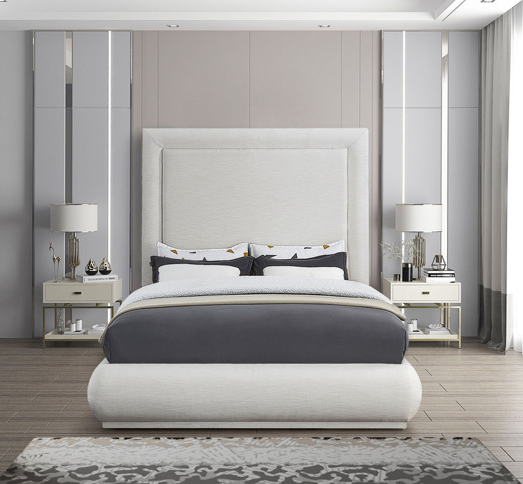 Upholstered bed named Brooke by Meridian Furniture with a padded headboard in a neutral fabric, shown in a modern bedroom setting.