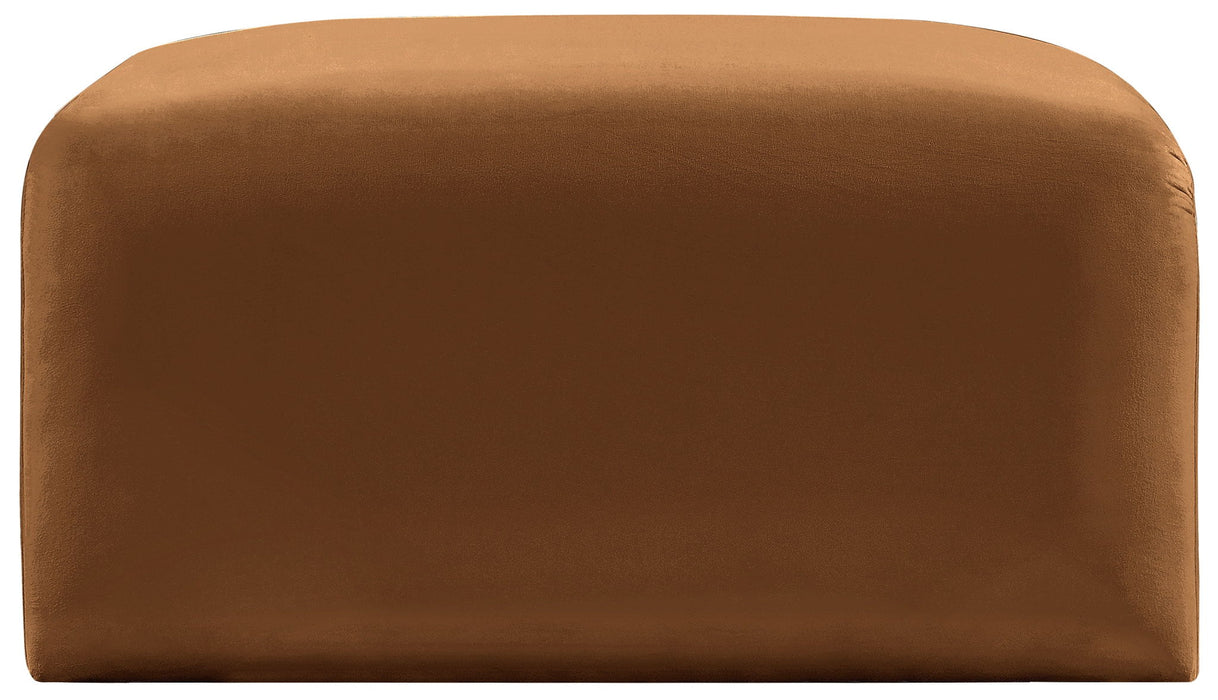 Velvet saddle ottoman by Meridian Furniture featuring plush upholstery and a sleek, modern design for living room decor.