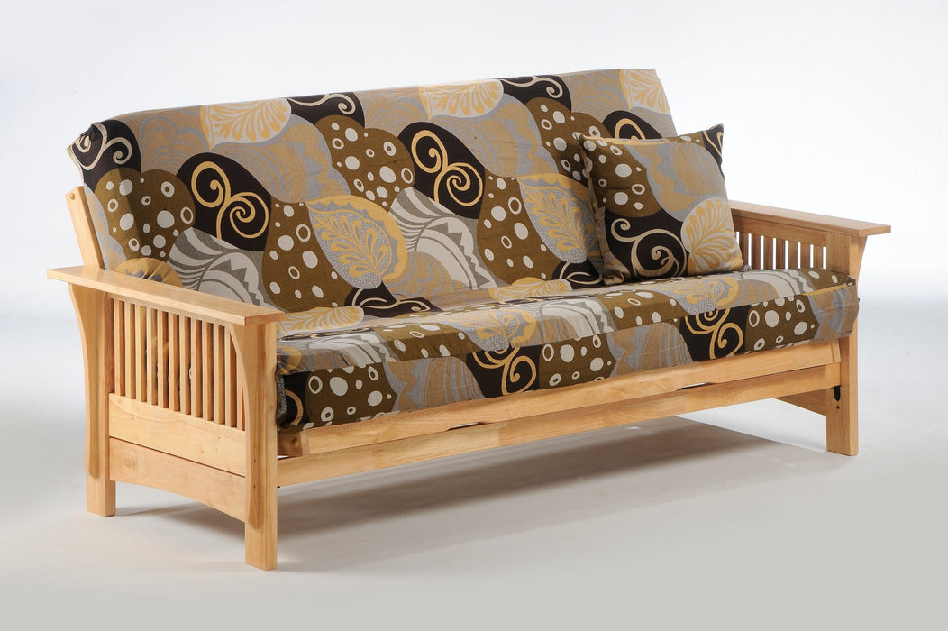 Night & Day Furniture Autumn Moonglider futon frame with natural wood finish and armrests, designed for versatile living space seating.