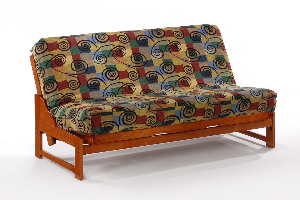 Night & Day Furniture Eureka standard futon frame with armrests, made of cherry wood, showcasing its sturdy construction and sleek design.