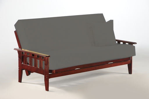 Night & Day Furniture Kingston standard futon frame with wooden construction and metal supports, designed for versatile seating and sleeping.