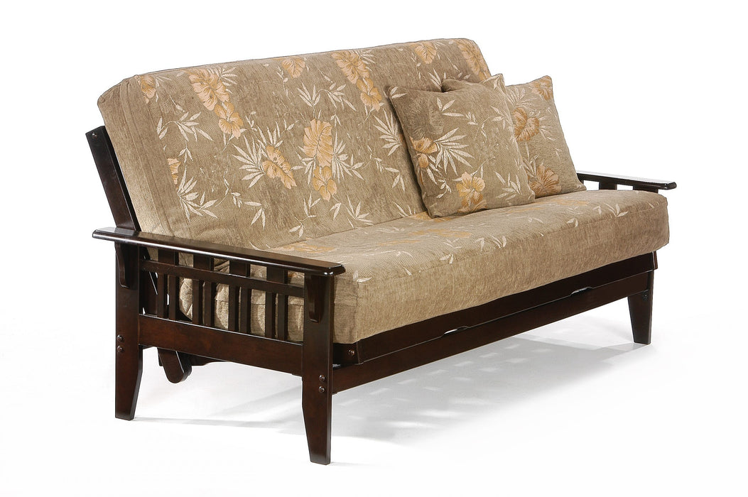Dark chocolate Kingston standard futon frame by Night & Day Furniture with armrests, shown in a well-lit room.