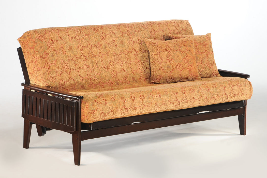 Dark chocolate Naples Moonglider futon frame by Night & Day Furniture with armrests, shown with tray in down position.