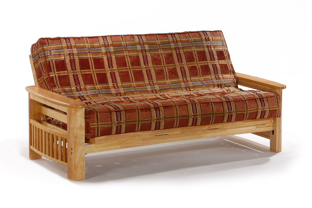 Night & Day Furniture Portofino standard futon frame with natural wood finish and armrests, shown with the armrest in the down position.