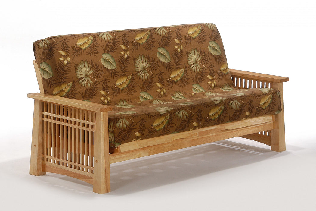 Night & Day Furniture Solstice Moonglider futon frame with natural wood finish and armrests, shown in a close-up view.