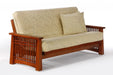 Night & Day Furniture Solstice standard futon frame with cherry finish, showcasing armrests and sturdy wooden construction.