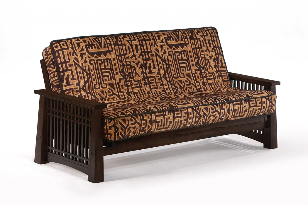 Dark chocolate Night & Day Furniture Solstice standard futon frame with armrests, showcasing a sturdy wood design.