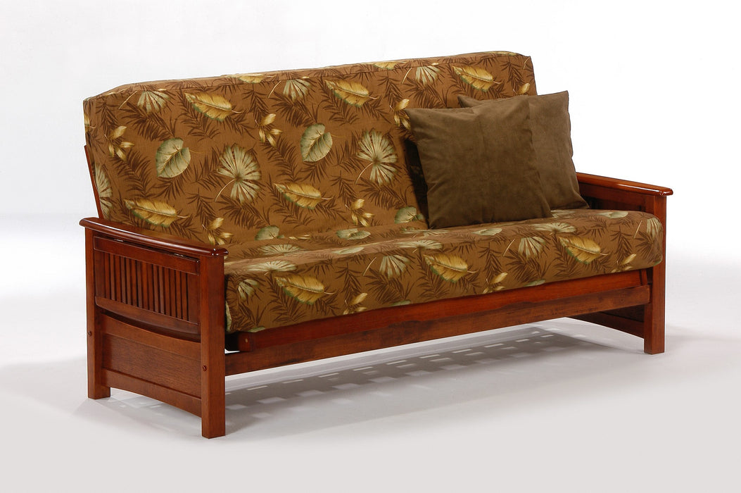 Night & Day Furniture Sunrise Moonglider futon frame with cherry finish and armrests, showcasing its sturdy wooden construction.