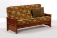 Night & Day Furniture Sunrise Moonglider futon frame with cherry finish and armrests, showcasing its sturdy wooden construction.