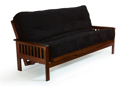 Black walnut Trinity Moonglider futon frame by Night & Day Furniture, showing arm detail and sturdy wooden construction.